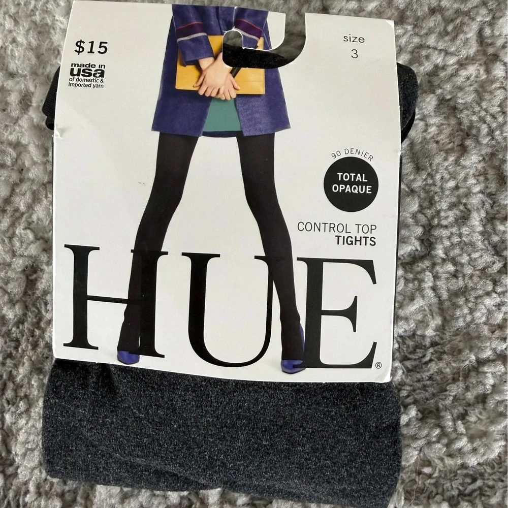 New HUE Size 3 Control Top 90 Denier Total Opaque Tights Graphite Heather Women
